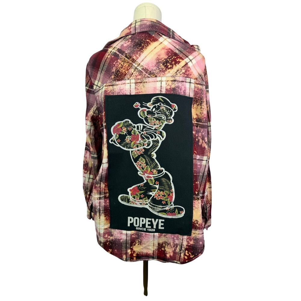 Popeye universal studios upcycled custom flannel shirt black graphic tee on back